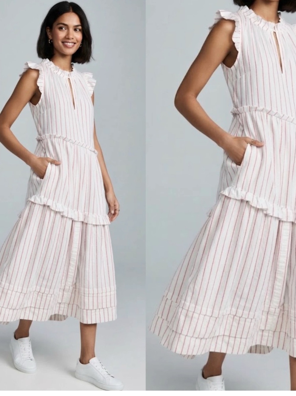 ME+EM Red White Striped Midi Dress Cottagecore Romantic Garden Party US 6